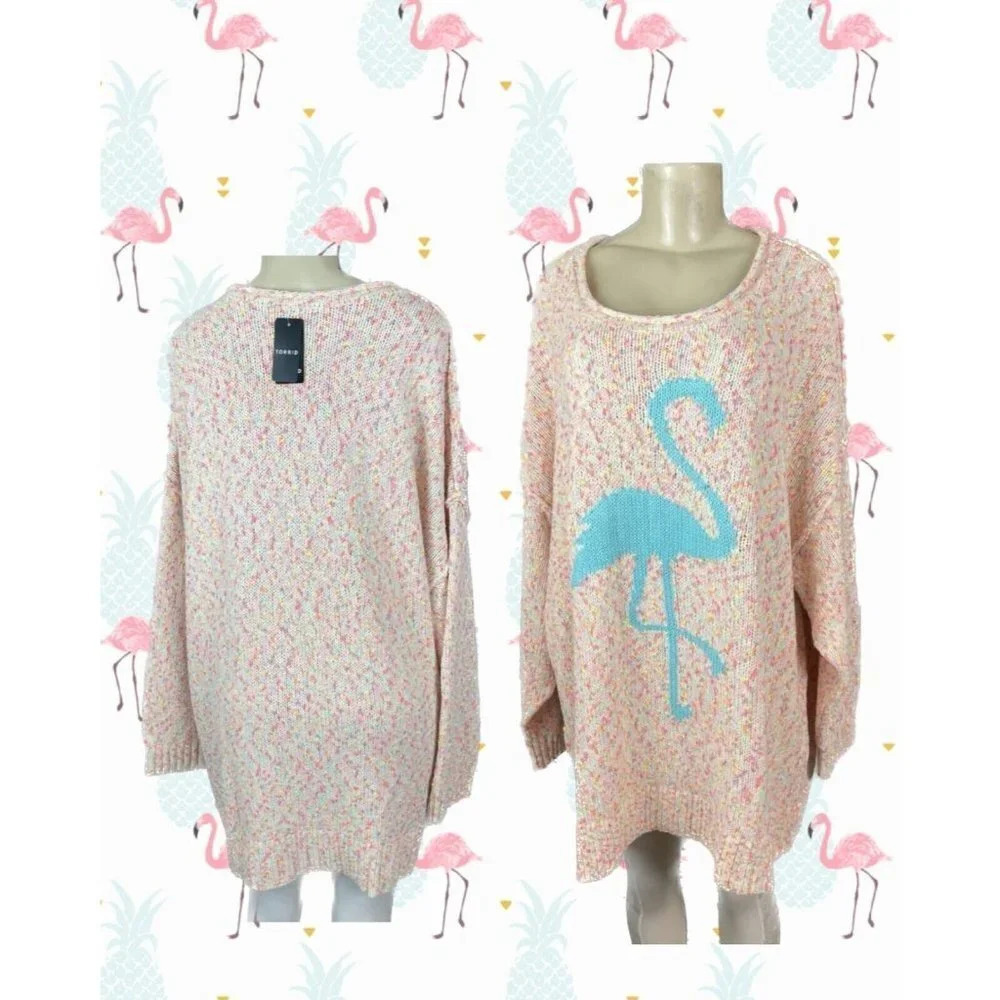 Torrid Plus 4 Pink Marled Blue Flamingo Graphic Ribbed Trim Long Sleeve Sweater